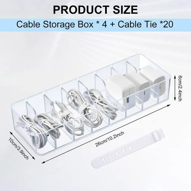 Alt view image 2 of 7 - 4 Pcs Cable Organizer with 40 Wire Ties, Plastic Cord Storage Charger Box Electronics Organizer with Adjustment Compartments Cable Storage for Drawer Home Office Desk Accessories (Clear)