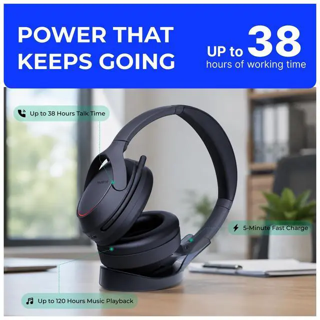 Alt view image 6 of 7 - YealinkBH78 Wireless Bluetooth Headset with Charging Stand USB-C/A Active Noise Cancelling Over Ear Headphones (1208731)