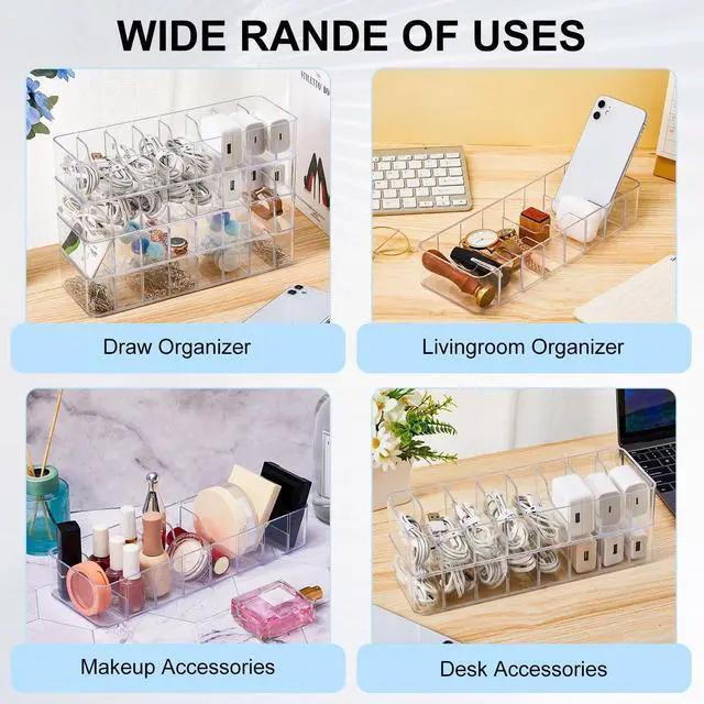 Alt view image 7 of 7 - 4 Pcs Cable Organizer with 40 Wire Ties, Plastic Cord Storage Charger Box Electronics Organizer with Adjustment Compartments Cable Storage for Drawer Home Office Desk Accessories (Clear)