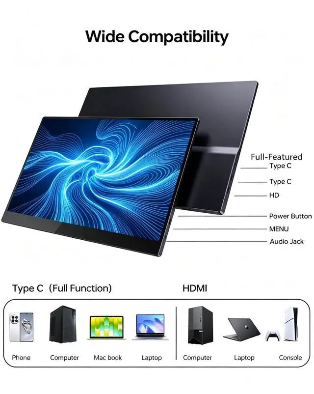 Alt view image 2 of 7 - 15.6" FHD Portable Monitor Touchscreen for Laptop | 10-Point Touch FHD IPS screen with dual speakers, protective case & stand. For Laptop PC Phone Gaming