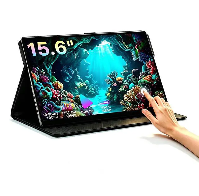 Main image of 15.6" FHD Portable Monitor Touchscreen for Laptop | 10-Point Touch FHD IPS screen with dual speakers, protective case & stand. For Laptop PC Phone Gaming
