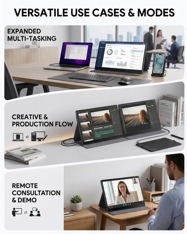 Alt view image 7 of 7 - 15.6" FHD Portable Monitor Touchscreen for Laptop | 10-Point Touch FHD IPS screen with dual speakers, protective case & stand. For Laptop PC Phone Gaming
