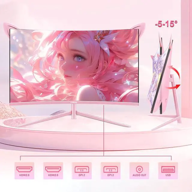 Alt view image 7 of 7 - 27 inch Gaming Monitor, Pink 1800R Curved Monitor, FHD-1920X1080P, 165Hz, 1ms, Fast IPS, FreeSync Hdmi Monitor with Ultrathin, HDMI/DP/USB Vesa/Wall Mount Computer Monitor-Pink