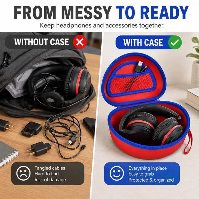 Alt view image 3 of 7 - Kids Headphone Case for eKids for Beats Solo3 Headphones, Red | Hard Shell Case with Mesh Cable Pocket for Kids Headsets, Organized Storage for Home and travel, Box Only