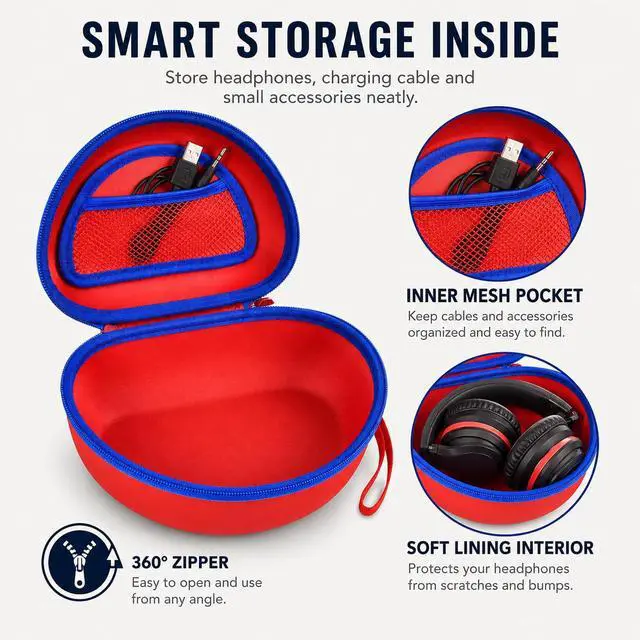 Alt view image 6 of 7 - Kids Headphone Case for eKids for Beats Solo3 Headphones, Red | Hard Shell Case with Mesh Cable Pocket for Kids Headsets, Organized Storage for Home and travel, Box Only