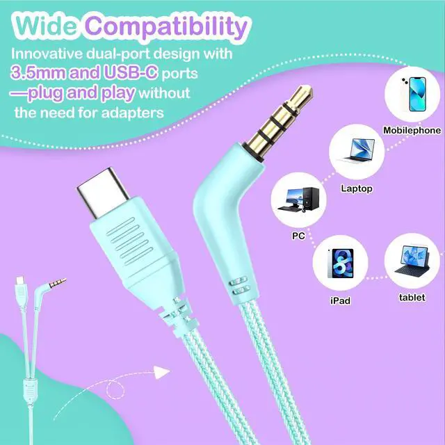 Alt view image 2 of 7 - Kids Headphones for School Travel, Upgrade USB Type C Safe Volume 94dB, with Mic HD Stereo Sound Foldable On-Ear Headphones for Boys/Girls/Students/Tablet/Travel-Green