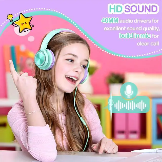Alt view image 3 of 7 - Kids Headphones for School Travel, Upgrade USB Type C Safe Volume 94dB, with Mic HD Stereo Sound Foldable On-Ear Headphones for Boys/Girls/Students/Tablet/Travel-Green