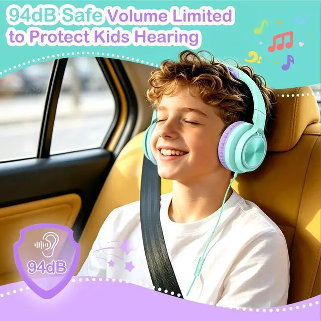Alt view image 4 of 7 - Kids Headphones for School Travel, Upgrade USB Type C Safe Volume 94dB, with Mic HD Stereo Sound Foldable On-Ear Headphones for Boys/Girls/Students/Tablet/Travel-Green