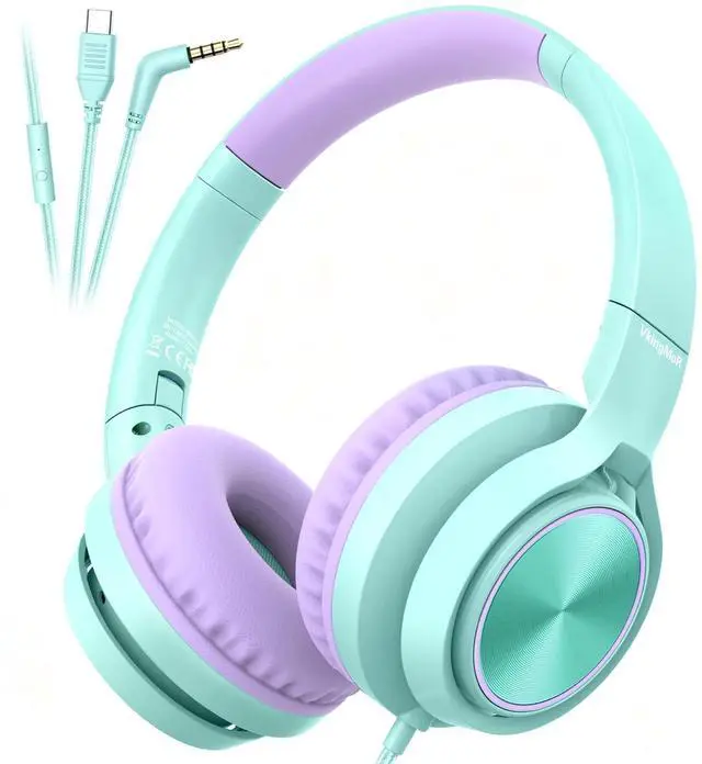 Main image of Kids Headphones for School Travel, Upgrade USB Type C Safe Volume 94dB, with Mic HD Stereo Sound Foldable On-Ear Headphones for Boys/Girls/Students/Tablet/Travel-Green