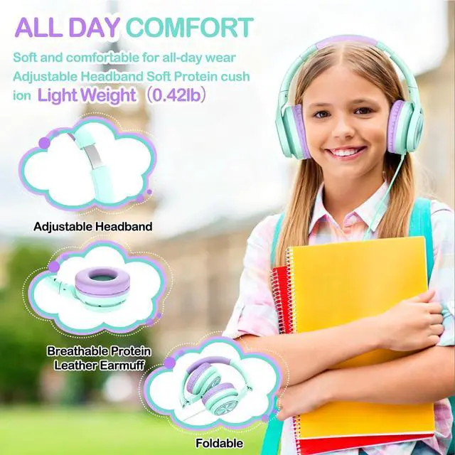 Alt view image 5 of 7 - Kids Headphones for School Travel, Upgrade USB Type C Safe Volume 94dB, with Mic HD Stereo Sound Foldable On-Ear Headphones for Boys/Girls/Students/Tablet/Travel-Green