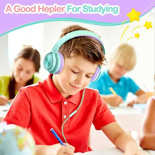 Alt view image 6 of 7 - Kids Headphones for School Travel, Upgrade USB Type C Safe Volume 94dB, with Mic HD Stereo Sound Foldable On-Ear Headphones for Boys/Girls/Students/Tablet/Travel-Green