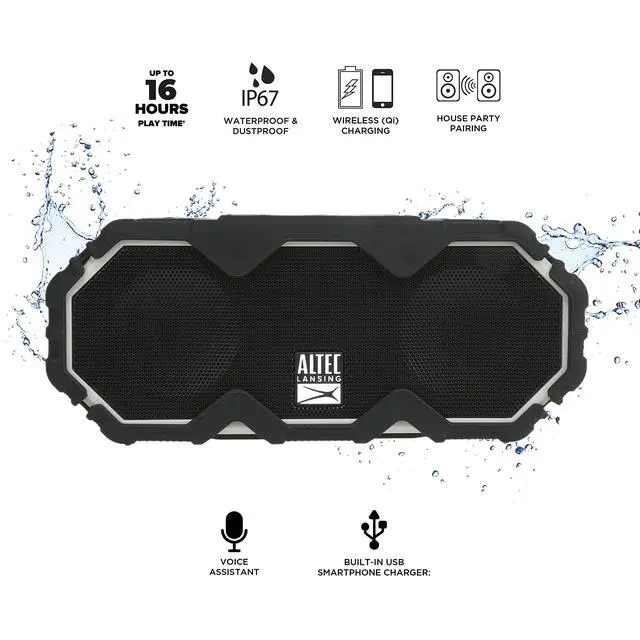 Alt view image 4 of 7 - Mini LifeJacket Jolt Bluetooth Speaker with Qi, Wireless, Waterproof, Portable, Speakers, Loud Volume, Strong Bass, Rich Stereo System, Microphone, 16 Hour Battery, 100 ft Range, Gray