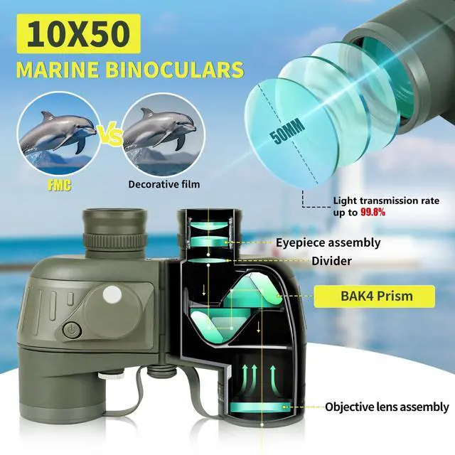 Alt view image 2 of 7 - Marine Binoculars 10x50 with Compass and Rangefinder for Boating | Professional IPX7 Waterproof Marine Optical System with FMC BAK4 Prism,Multi-Scene Marine & Outdoor Versatility