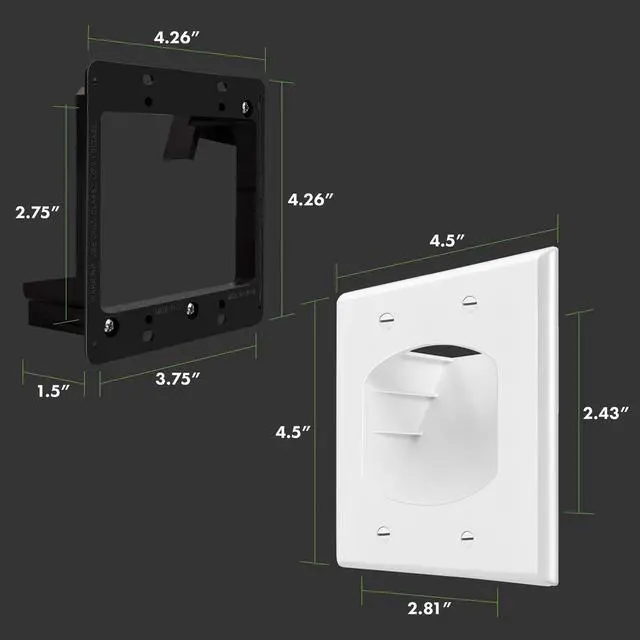 Alt view image 2 of 7 - Recessed Low Voltage Cable Wall Plate for Home Theaters, Pass-Through Wall Plate with Mounting Brackets, Size 2-Gang 4.50" x 4.50," Polycarbonate Thermoplastic, TG8882B-2PCS, White, 2 pack