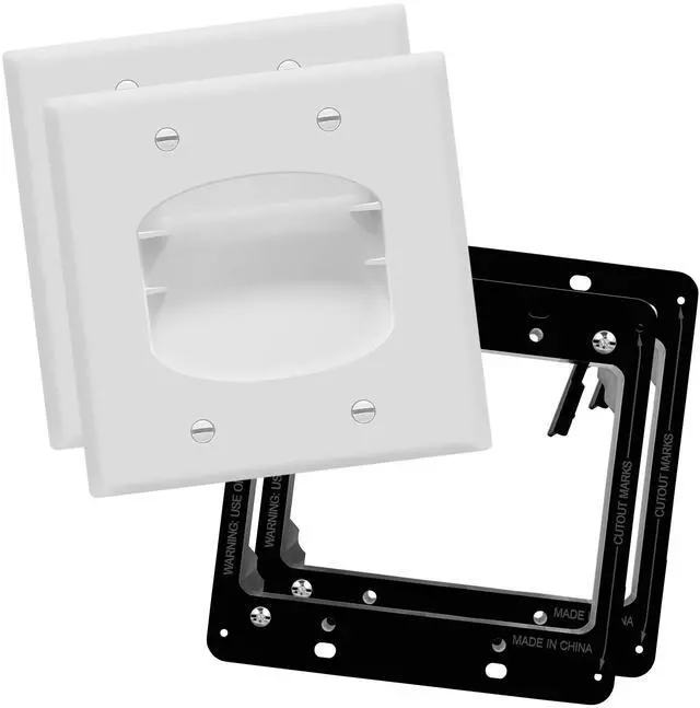 Main image of Recessed Low Voltage Cable Wall Plate for Home Theaters, Pass-Through Wall Plate with Mounting Brackets, Size 2-Gang 4.50" x 4.50," Polycarbonate Thermoplastic, TG8882B-2PCS, White, 2 pack