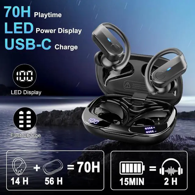 Alt view image 4 of 6 - Wireless Earbuds Sport with Earhooks, Bluetooth 5.4 Headphones with 4-Mic ENC Noise Cancelling, IPX8 Waterproof, 70H Deep Bass, LED, USB-C Earphones for Running Workout Gym, Ear Buds for Android iOS