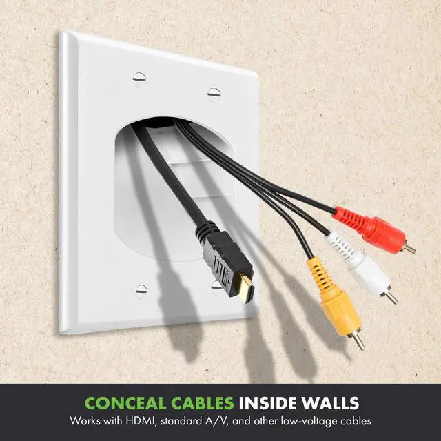 Alt view image 4 of 7 - Recessed Low Voltage Cable Wall Plate for Home Theaters, Pass-Through Wall Plate with Mounting Brackets, Size 2-Gang 4.50" x 4.50," Polycarbonate Thermoplastic, TG8882B-2PCS, White, 2 pack