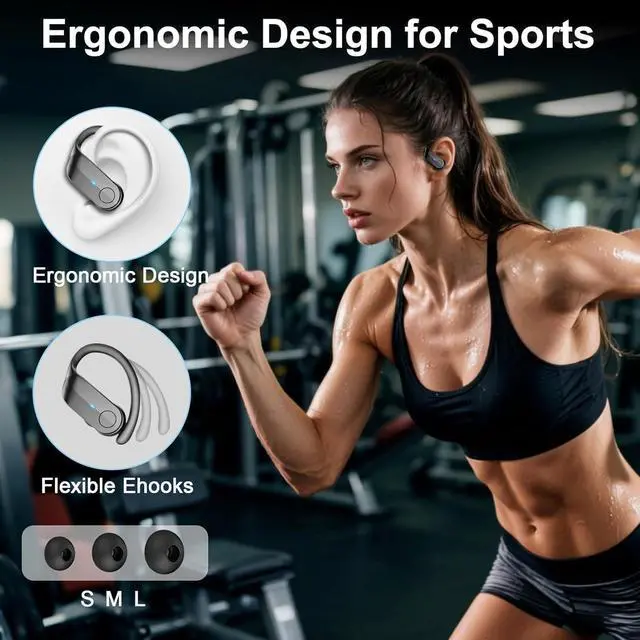 Alt view image 5 of 6 - Wireless Earbuds Sport with Earhooks, Bluetooth 5.4 Headphones with 4-Mic ENC Noise Cancelling, IPX8 Waterproof, 70H Deep Bass, LED, USB-C Earphones for Running Workout Gym, Ear Buds for Android iOS