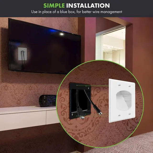 Alt view image 6 of 7 - Recessed Low Voltage Cable Wall Plate for Home Theaters, Pass-Through Wall Plate with Mounting Brackets, Size 2-Gang 4.50" x 4.50," Polycarbonate Thermoplastic, TG8882B-2PCS, White, 2 pack