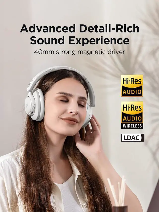 Alt view image 4 of 7 - Wireless Bluetooth Noise-canceling Headphones - HQ31 SonoFlow SE Over-Ear Headphones with Hi-Res Audio, 90H Playtime, Clear Calls, Preset EQ Via App, Comfort for Home Office Travel(Oat White)