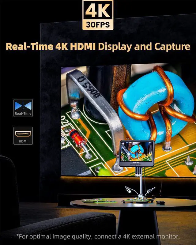 Alt view image 2 of 7 - 4K 30FPS HDMI Digital Microscope with 10.1" Screen, JL208S 4K Soldering Microscope Camera for Electronics, UHD 3840P Video Audio, Coin Magnifier Full View for Adults, 12.6'' Metal Stand 8 LED, 64GB