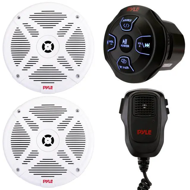 Main image of Marine Bluetooth Receiver Speaker Kit - Waterproof Audio Entertainment System Set w/Dual 6.5" Boat Speakers, Wireless BT Controller, Compact Handheld Broadcasting Microphone (White)