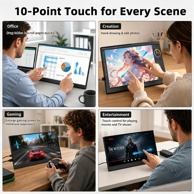 Alt view image 3 of 7 - 15.6'' Portable Monitor Touchscreen 10 Point 1080P IPS External Touchscreen Monitor for Laptop, USB-C HDMI Second Portable Screen Travel Monitor with 2 Speakers VESA for Mac Window PC Phone PS5Touch