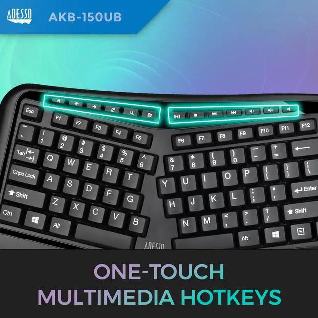 Alt view image 7 of 7 - Ergonomic USB Keyboard, 105-Key US Layout AKB-150UB | Integrated Palm Rest, Split Key Design, Multimedia and Internet Hotkeys