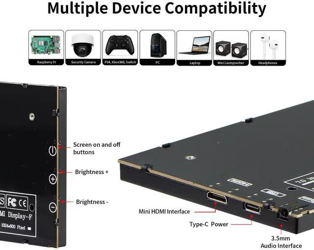 Alt view image 6 of 7 - 7 Inch Mini Monitor, IPS 1024 × 600 HDMI Small Monitor with Leather Stand for Raspberry Pi 5/4, Laptop, PC, Switch, Xbox, PS4