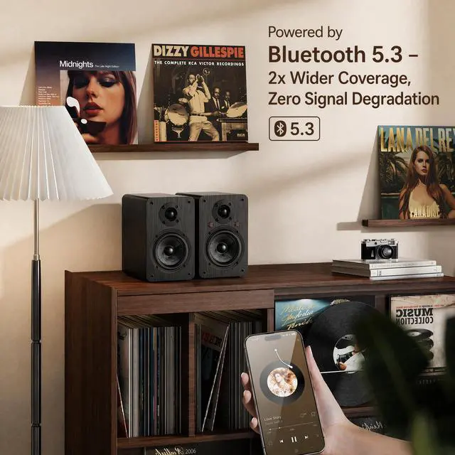 Alt view image 2 of 7 - 60W Active Bookshelf Speakers, 4" Glass Fiber Woofer & 1" Silk Dome Tweeter, Bluetooth 5.3 Optical RCA AUX Inputs for TV, PC, Turntable (Black)
