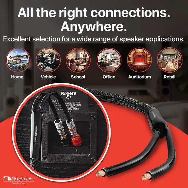 Alt view image 7 of 7 - 24k Gold Plated Banana Plugs Speaker Cables 99.9% OFC (6 Feet) | Oxygen-Free Copper, Excel Series, Amplifier Heavy Duty Braided In-Wall CL2 Rated Wires - Black (12AWG / 6ft / 1.8m) 2-Pack