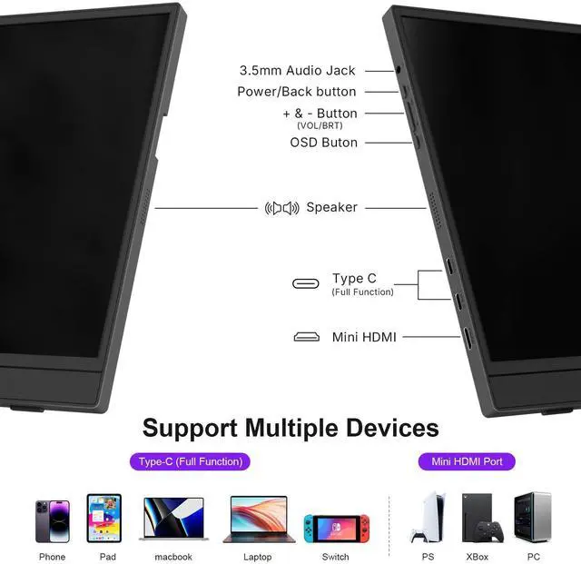 Alt view image 7 of 7 - Portable Monitor 15.6" FHD HDR IPS Travel Laptop Screen Extender | With Magic Sleeve Cloth,1080P USB-C HDMI Plug&Play External Display,Dual Speakers,Kickstand,for Mac/Phone/Gaming Device