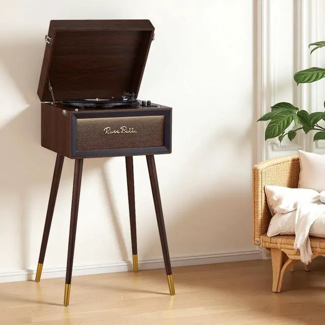 Main image of Vintage Standing Vinyl Record Player with Stand&Bluetooth Input | Supports 3 Speed&3 Size Record Player,Built-in 4 Speakers,Remote/USB/Headphones/FM/RCA Jacks Wood (Wood Brown)