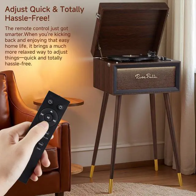 Alt view image 3 of 7 - Vintage Standing Vinyl Record Player with Stand&Bluetooth Input | Supports 3 Speed&3 Size Record Player,Built-in 4 Speakers,Remote/USB/Headphones/FM/RCA Jacks Wood (Wood Brown)