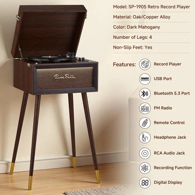 Alt view image 4 of 7 - Vintage Standing Vinyl Record Player with Stand&Bluetooth Input | Supports 3 Speed&3 Size Record Player,Built-in 4 Speakers,Remote/USB/Headphones/FM/RCA Jacks Wood (Wood Brown)