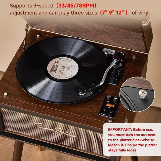 Alt view image 5 of 7 - Vintage Standing Vinyl Record Player with Stand&Bluetooth Input | Supports 3 Speed&3 Size Record Player,Built-in 4 Speakers,Remote/USB/Headphones/FM/RCA Jacks Wood (Wood Brown)