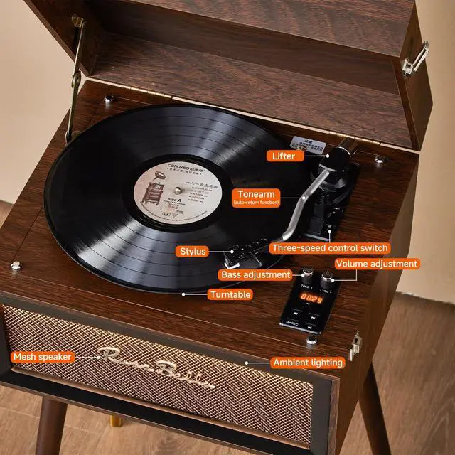 Alt view image 7 of 7 - Vintage Standing Vinyl Record Player with Stand&Bluetooth Input | Supports 3 Speed&3 Size Record Player,Built-in 4 Speakers,Remote/USB/Headphones/FM/RCA Jacks Wood (Wood Brown)