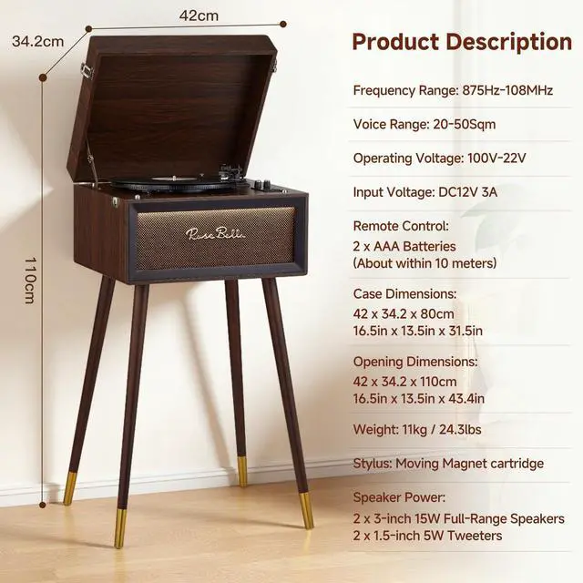 Alt view image 6 of 7 - Vintage Standing Vinyl Record Player with Stand&Bluetooth Input | Supports 3 Speed&3 Size Record Player,Built-in 4 Speakers,Remote/USB/Headphones/FM/RCA Jacks Wood (Wood Brown)
