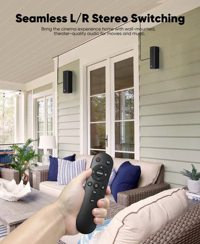 Alt view image 2 of 6 - 400W Outdoor Bluetooth Speakers with Lights, IP65 Waterproof, AC-Powered Stereo Speaker, Auracast Wireless Multi-Speaker Pairing, Wall Mount Sound System w/Aux for Porch, Patio, Garage, Home
