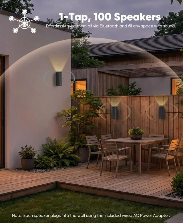 Alt view image 4 of 6 - 400W Outdoor Bluetooth Speakers with Lights, IP65 Waterproof, AC-Powered Stereo Speaker, Auracast Wireless Multi-Speaker Pairing, Wall Mount Sound System w/Aux for Porch, Patio, Garage, Home