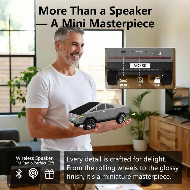 Alt view image 6 of 7 - Cybertruck Bluetooth Speaker for Car | Mini Wireless Speaker with LED Lights, FM Radio, USB/TF Card, TWS Stereo, for Dad Car Lover Gift from Daughter or Son