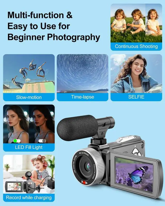 Alt view image 4 of 6 - 4K Video Camera Camcorder 48MP 60FPS UHD for YouTube Vlogging 18X Digital Zoom 3" IPS 270° Flip Screen Video Camcorder with Wireless Lavalier Microphone, 32GB SD Card, 2 Batteries and Remote Control