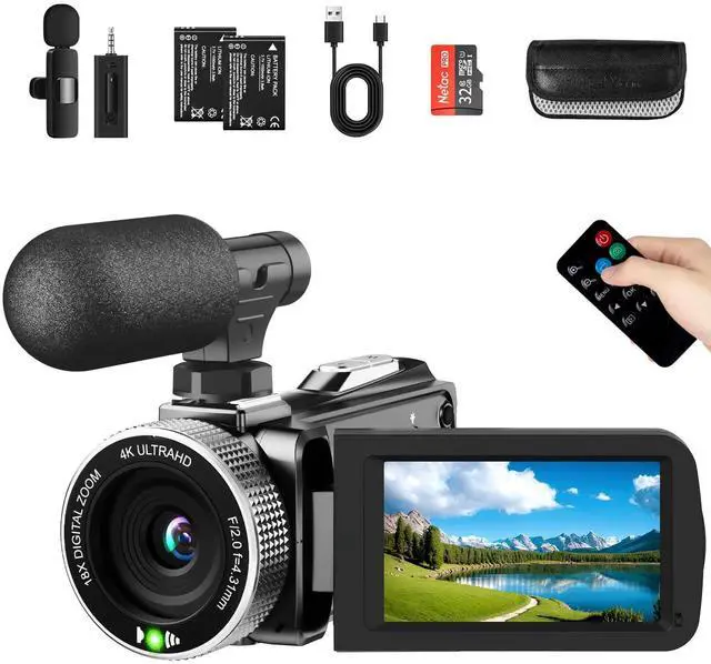 Main image of 4K Video Camera Camcorder 48MP 60FPS UHD for YouTube Vlogging 18X Digital Zoom 3" IPS 270° Flip Screen Video Camcorder with Wireless Lavalier Microphone, 32GB SD Card, 2 Batteries and Remote Control