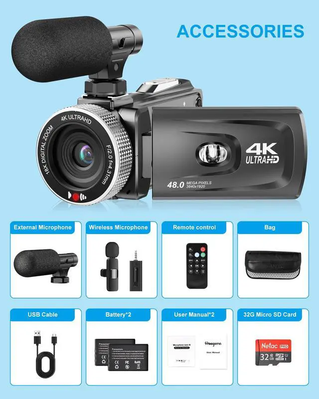 Alt view image 6 of 6 - 4K Video Camera Camcorder 48MP 60FPS UHD for YouTube Vlogging 18X Digital Zoom 3" IPS 270° Flip Screen Video Camcorder with Wireless Lavalier Microphone, 32GB SD Card, 2 Batteries and Remote Control
