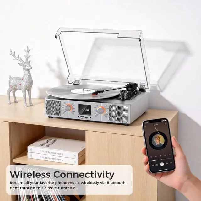Alt view image 3 of 7 - VinylsLink Vinyl Record Player Bluetooth Turntable with Speakers, 3-Speeds LP Player, Auto Stop, USB and TF Playback, USB Recording, FM Radio, LED Display, RCA Output, AUX Input, Headphone Jack