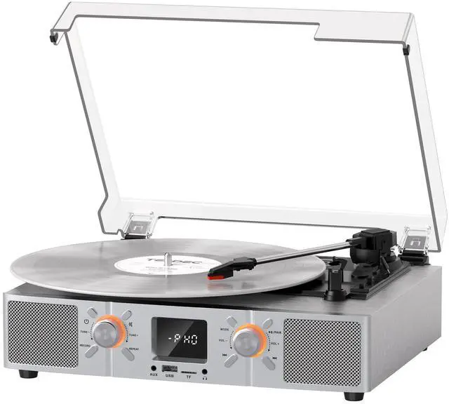 Main image of VinylsLink Vinyl Record Player Bluetooth Turntable with Speakers, 3-Speeds LP Player, Auto Stop, USB and TF Playback, USB Recording, FM Radio, LED Display, RCA Output, AUX Input, Headphone Jack