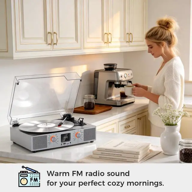 Alt view image 4 of 7 - VinylsLink Vinyl Record Player Bluetooth Turntable with Speakers, 3-Speeds LP Player, Auto Stop, USB and TF Playback, USB Recording, FM Radio, LED Display, RCA Output, AUX Input, Headphone Jack