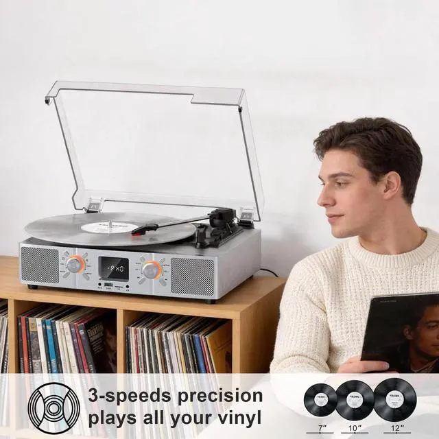 Alt view image 2 of 7 - VinylsLink Vinyl Record Player Bluetooth Turntable with Speakers, 3-Speeds LP Player, Auto Stop, USB and TF Playback, USB Recording, FM Radio, LED Display, RCA Output, AUX Input, Headphone Jack