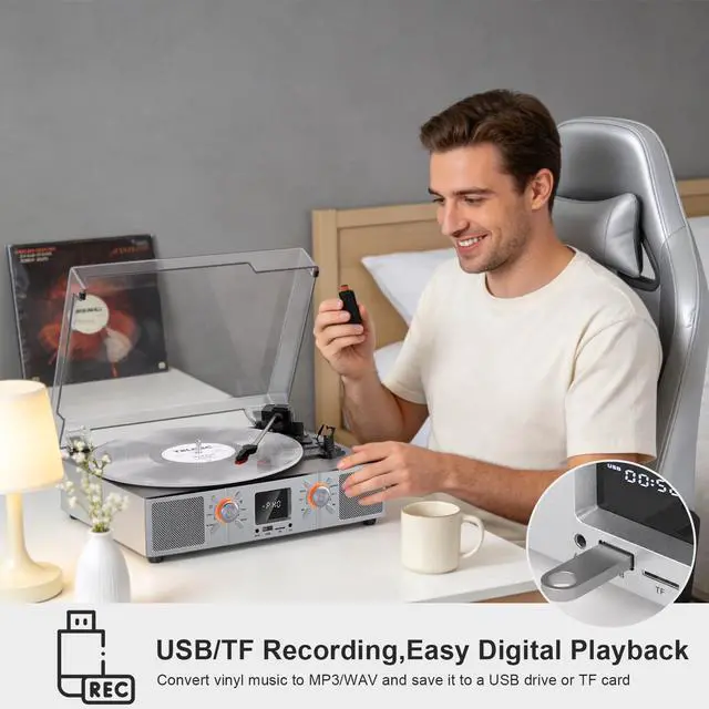 Alt view image 5 of 7 - VinylsLink Vinyl Record Player Bluetooth Turntable with Speakers, 3-Speeds LP Player, Auto Stop, USB and TF Playback, USB Recording, FM Radio, LED Display, RCA Output, AUX Input, Headphone Jack