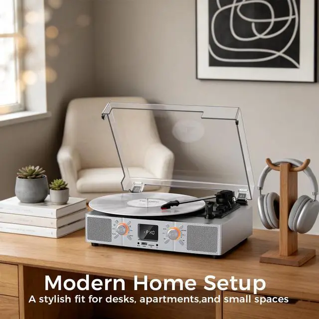 Alt view image 6 of 7 - VinylsLink Vinyl Record Player Bluetooth Turntable with Speakers, 3-Speeds LP Player, Auto Stop, USB and TF Playback, USB Recording, FM Radio, LED Display, RCA Output, AUX Input, Headphone Jack